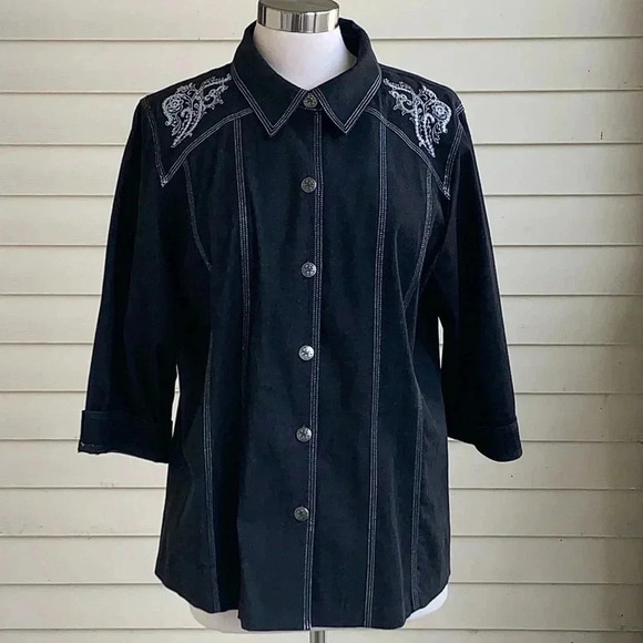 Susan Graver Western Denim Button Up Top Charcoal Gray Metallic Embroidered Sz L - Picture 1 of 10